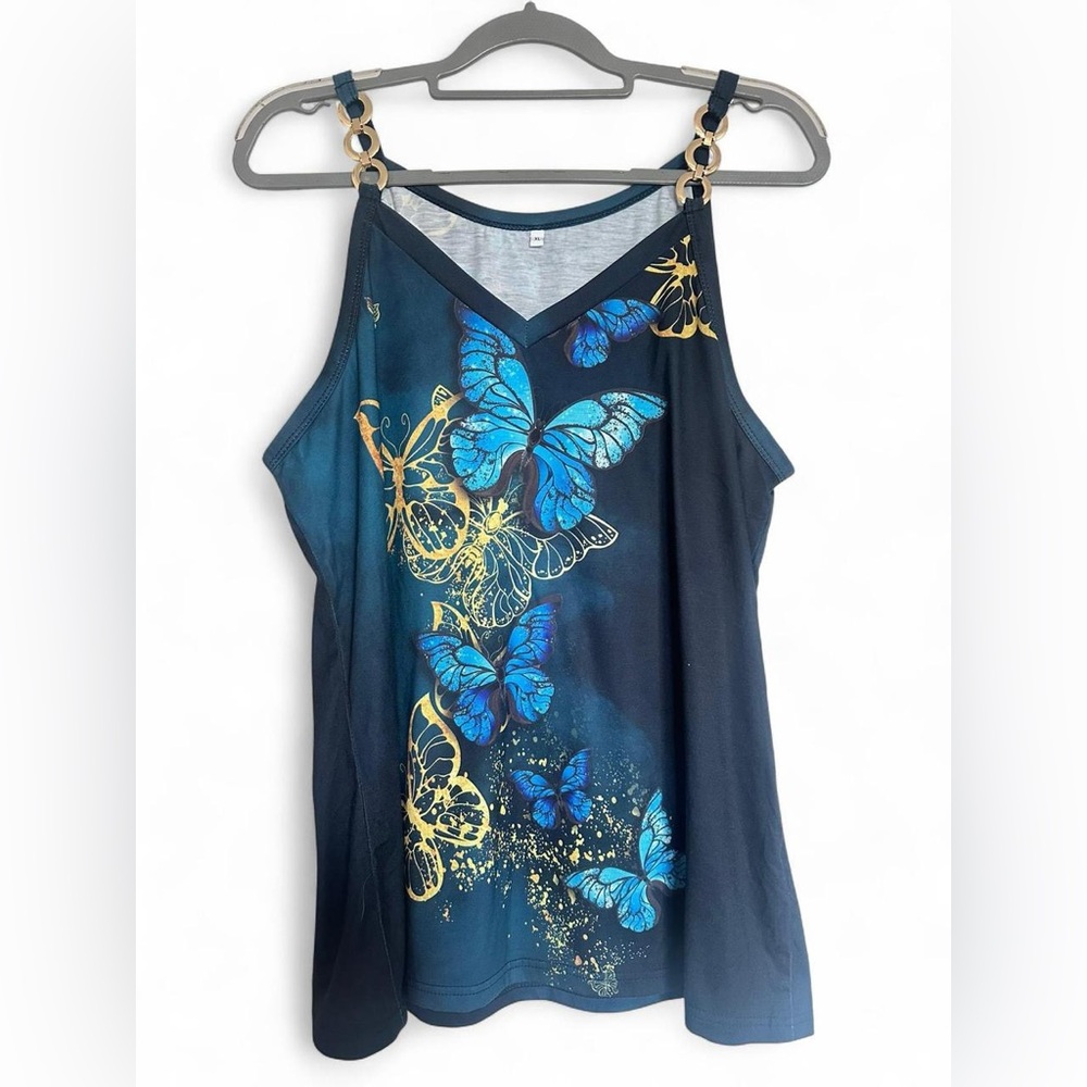 Saukole Navy Blue Butterfly Print Women's Tank Top with chain straps